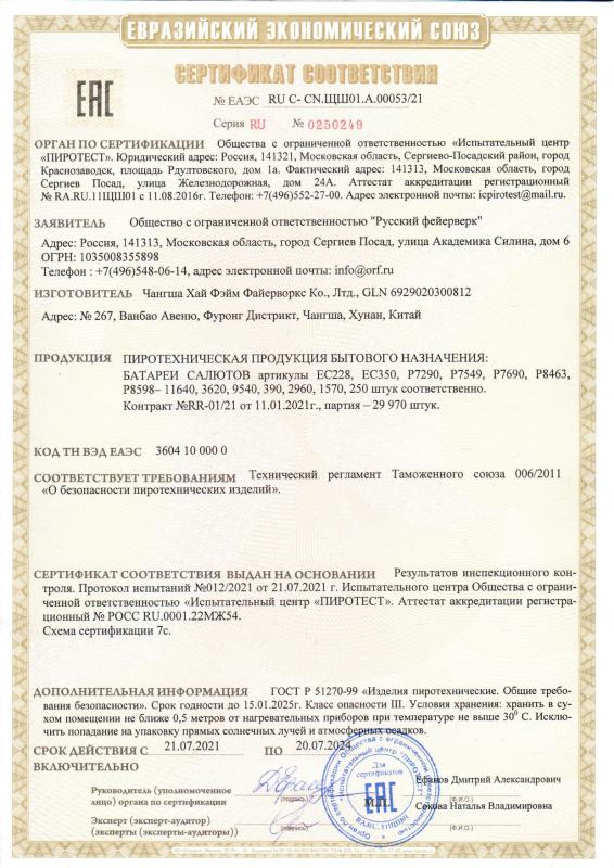 Сертификат соответствия  № 0250249